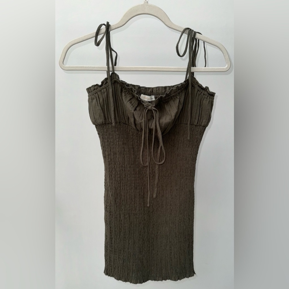 O. Vianca Smocked Olive Green Spaghetti Strap Mini Dress,‎ Size L
